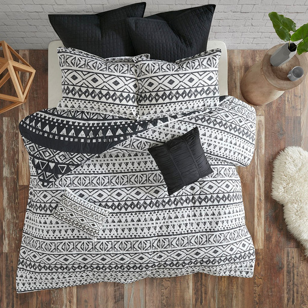 7pc Black & White Geometric Medallion Duvet Cover AND Decorative Pillows (Larisa-Black-duv)