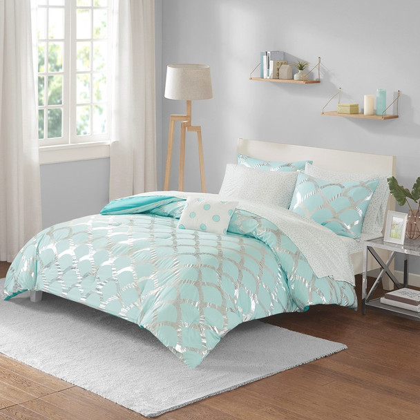 Aqua Blue & Metallic Silver Scallop Design Comforter Set AND Sheet Set (Lorna-Aqua)