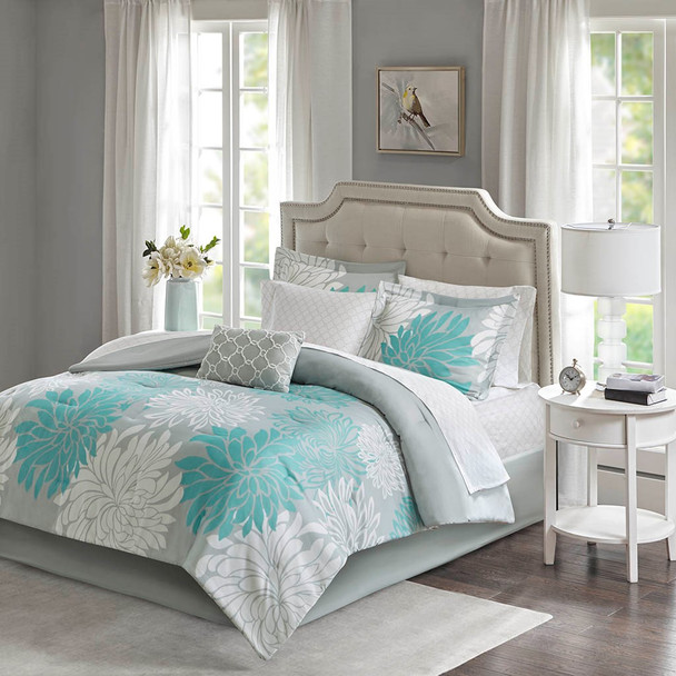 Aqua Blue Grey & White Floral Comforter Set AND Matching Sheet Set (Maible-Aqua)