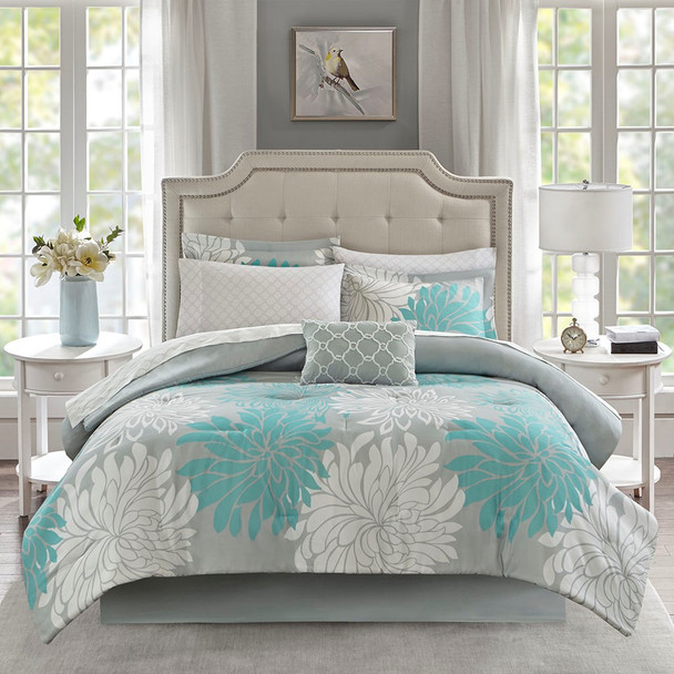 Aqua Blue Grey & White Floral Comforter Set AND Matching Sheet Set (Maible-Aqua)