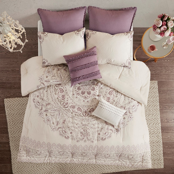 8pc Purple Floral Cotton Reversible Comforter Set AND Decorative Pillows (Elise-Purple)