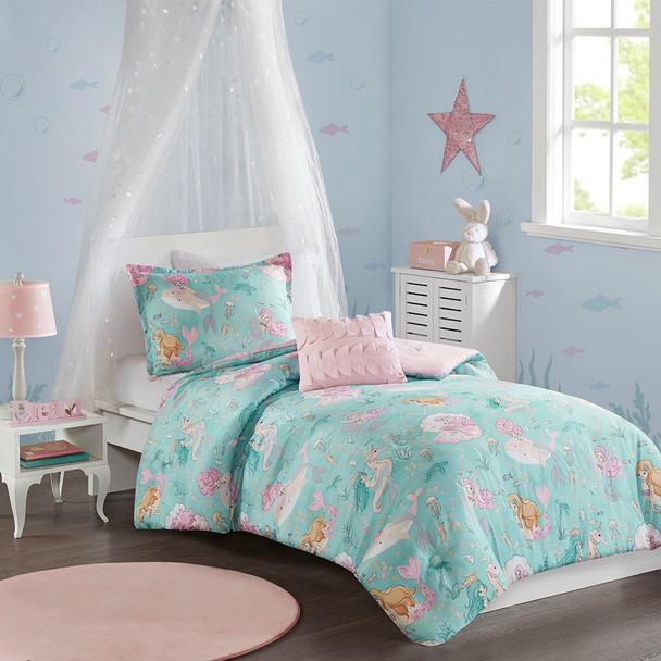 Aqua Blue & Pink Mermaids Reversible Comforter Set AND Decorative Pillow (Darya-Aqua/Pink-comf)