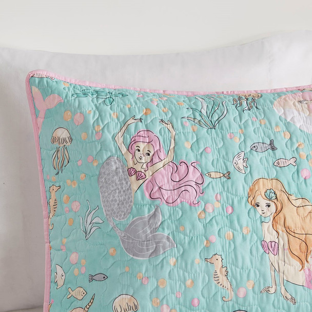 Aqua Blue & Pink Mermaids Reversible Coverlet Set AND Decorative Pillow (Darya-Aqua/Pink-cov)