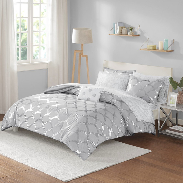 Grey & Metallic Silver Scallop Design Comforter Set AND Sheet Set (Lorna-Grey)
