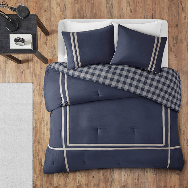 Navy Blue & Grey Reversible Buffalo Check Comforter AND Decorative Shams (Oxford-Navy)