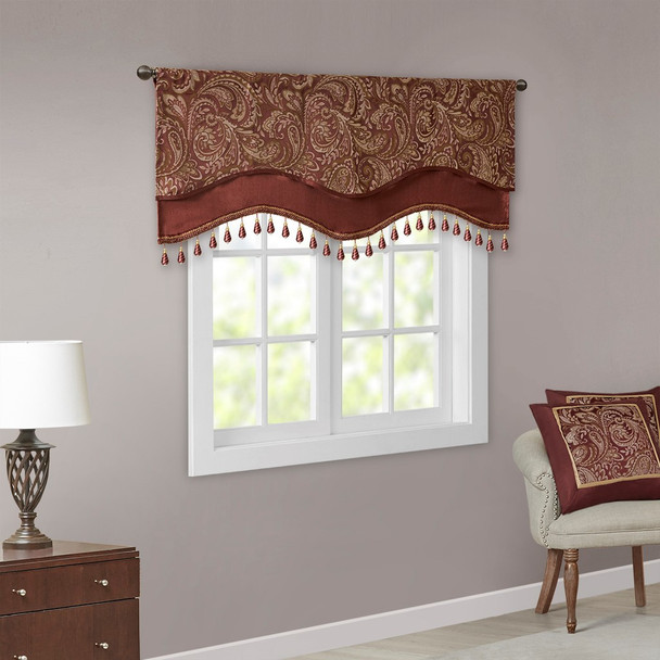 Burgundy & Gold Paisley Jacquard Window Valance w/Beads (Aubrey-Burgundy-val-beads)