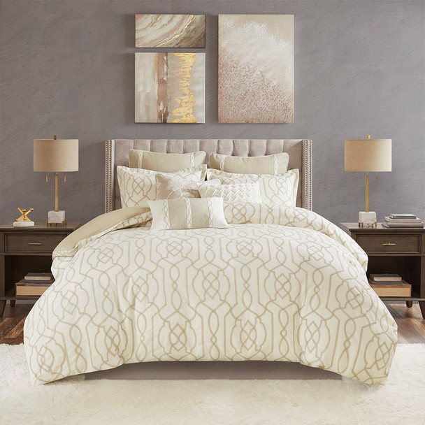 Oversized Taupe Embroidered Geometric Comforter Set AND Decorative Pillows (Clarity -Neutra-Comf)
