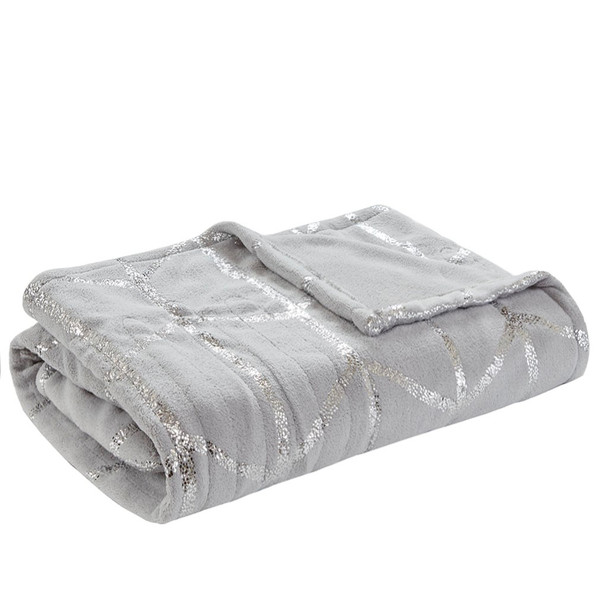 Grey & Metallic Silver HEATED Geometric Throw Blanket - 50x60" (Raina Heated-Grey-throw)