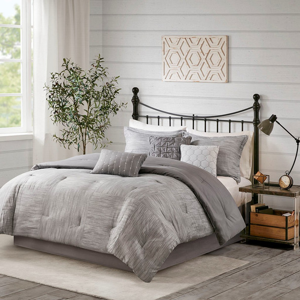 7pc Grey Seersuckle Weave Design Comforter Set AND Decorative Pillows (Walter -Grey-Comf)