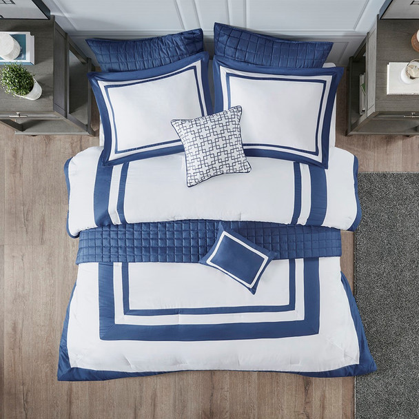 8pc Navy Blue & White Comforter AND Coverlet Set w/Decorative Pillows (Heritage 8 Piece -Blue-Comf)