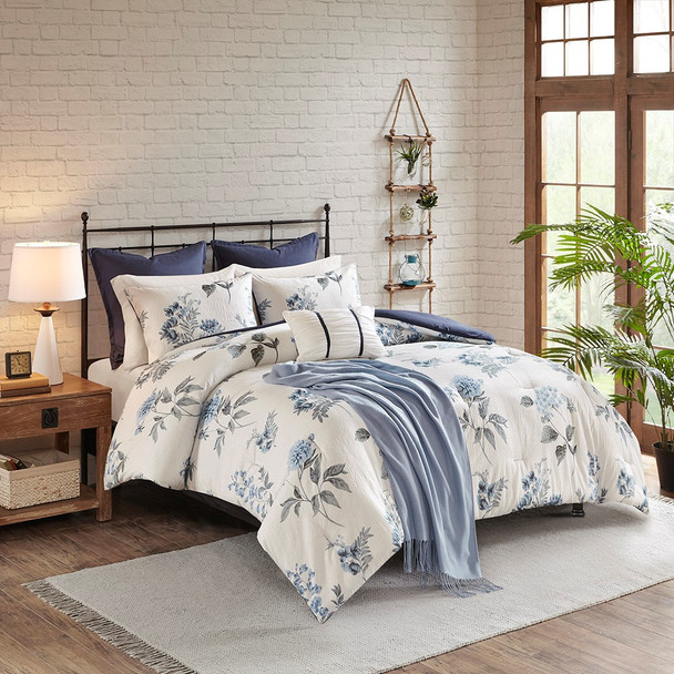 Zennia Blue 7 Piece Printed Seersucker Comforter Set with Throw Blanket (Zennia -Blue-Comf)
