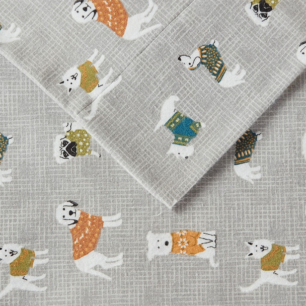 Grey Dogs & Pups Playful Flannel Cotton Printed Sheet Set (Cozy Flannel-Grey Dogs)