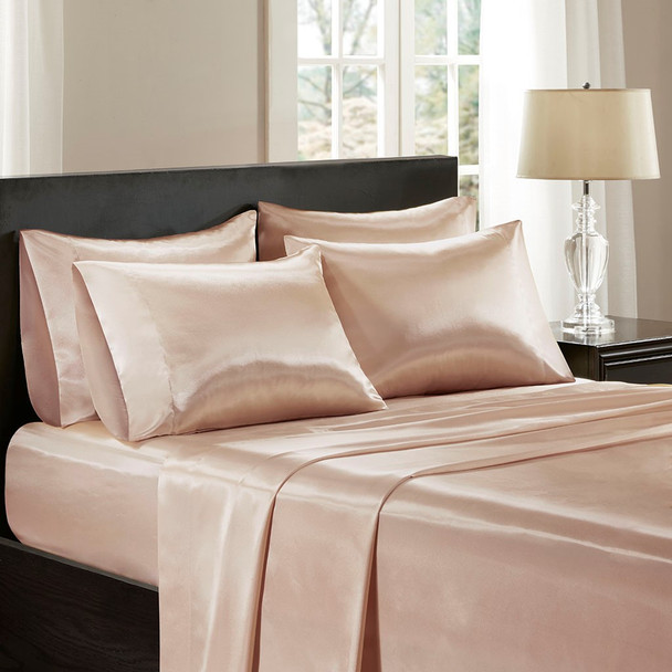 Luxury Blush Pink 6pc Satin Sheet Set - Wrinkle Free - Deep Pockets (Satin-Blush)
