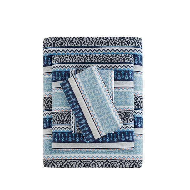 Blue Grey & White Geo Stripes Cotton Flannel Printed Sheet Set (Cozy Flannel-Blue Fair Isle)