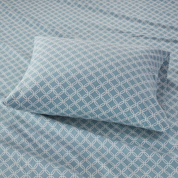 Blue & White Geometric Design Cotton Flannel Printed Sheet Set (Cozy Flannel-Blue Geo)
