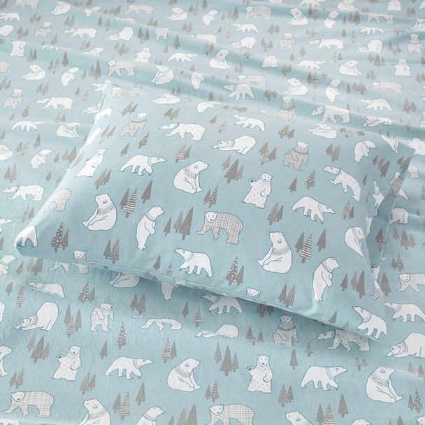Blue Grey & White Polar Bears Cotton Flannel Printed Sheet Set (Cozy Flannel-Blue Polar Bears)