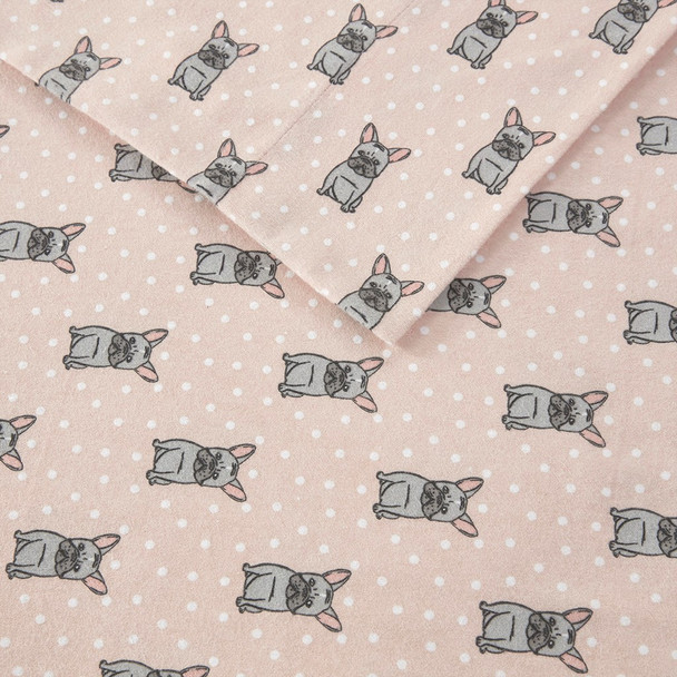 Pink & Grey French Bulldogs Design Cotton Flannel Printed Sheet Set (Cozy Flannel-Pink French Bulldog)