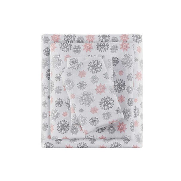 Pink & Grey Wintry Snowflakes Cotton Flannel Printed Sheet Set (Cozy Flannel-Pink/Grey Snowflakes)