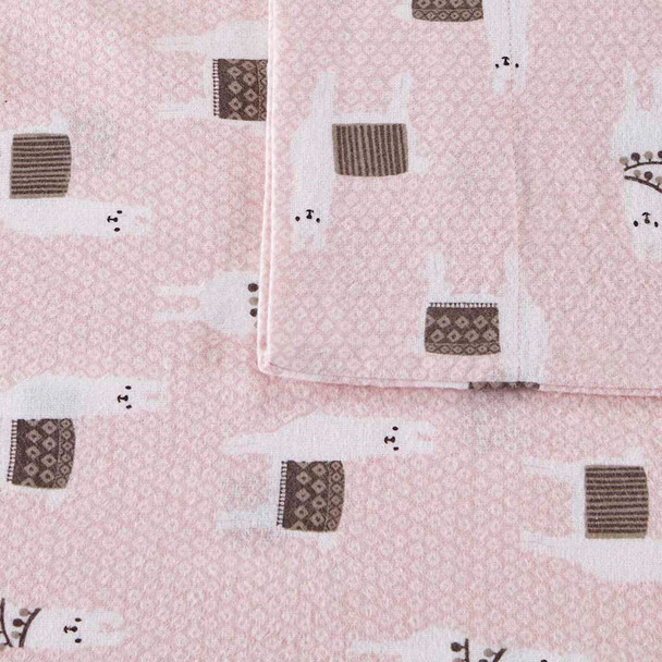 Pink & White Llamas Cotton Flannel Printed Sheet Set (Cozy Soft Cotton-Pink Llamas)