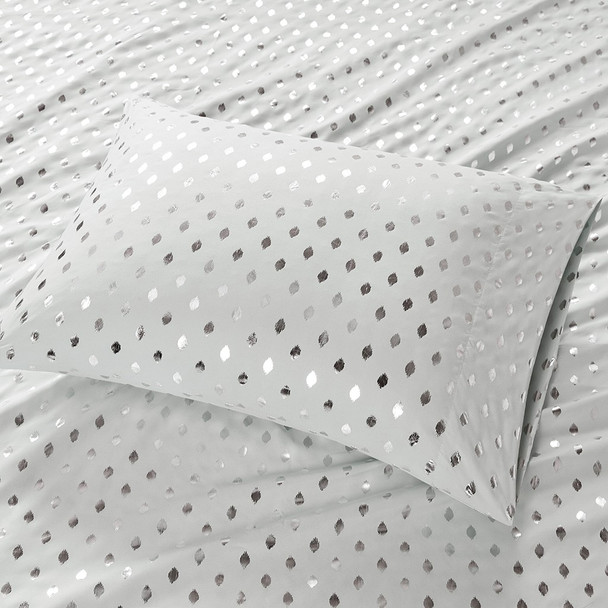 3pc TWIN XL Grey & Silver Metallic Polka Dot Printed Sheet Set (086569221360)