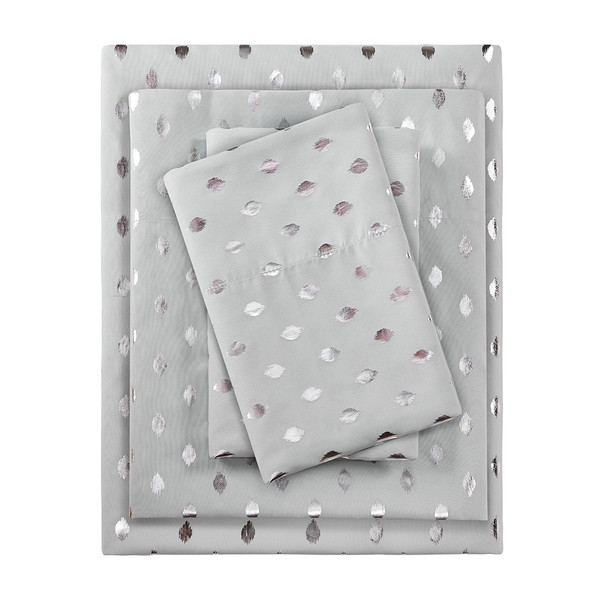 4pc QUEEN Grey & Silver Metallic Polka Dot Printed Sheet Set (086569221384)