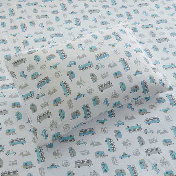 4pc Grey & Blue Road Trip QUEEN Novelty Printed Sheet Set (086569034199)