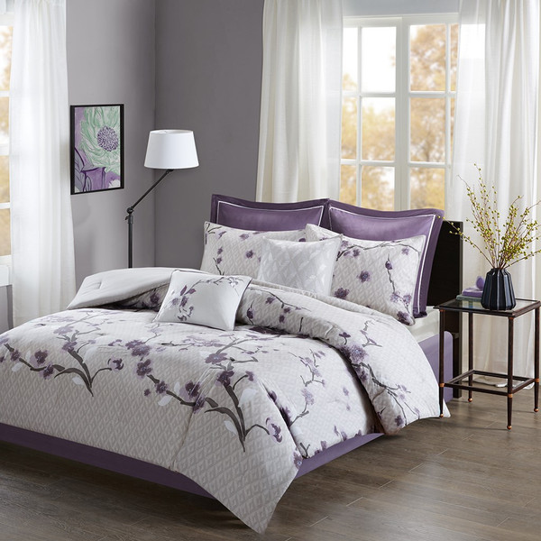 8pc Purple & Grey Floral Cotton Comforter Set AND Decorative Pillows ...