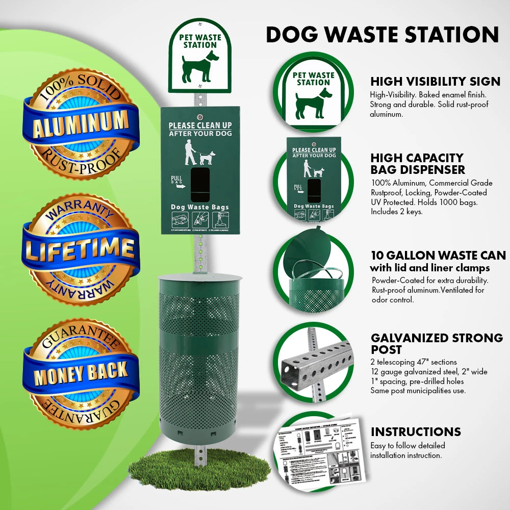 Our dog waste stations come with:  High visibility sign, High Capacity Bag Dispenser, 10-gallon waste can, galvanized strong post, Lifetime warranty, and money-back guarantee.