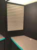 10' L-Shaped Booth with Slat walls, Fabric and Shelves for Product Display