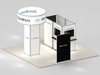 Open Box 20' x 20' Custom Island Trade Show Booth with Illuminated Tower and Lightbox Demo Stations