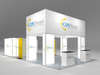 Enjoy Massive Savings on an Open Box, Never Used 20' x 40' Custom Island Booth with Non-Hanging Blimp Sign, Lightbox Meeting Room and Merchandiser Displays!