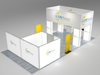 Enjoy Massive Savings on an Open Box, Never Used 20' x 40' Custom Island Booth with Non-Hanging Blimp Sign, Lightbox Meeting Room and Merchandiser Displays!