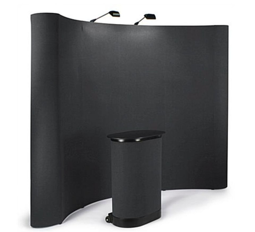 Recently Sold Used Booth! - Display Booth -Aspen 10' Curved Pop Up Display w/ Fabric, Counter & 2 Spotlights - Black