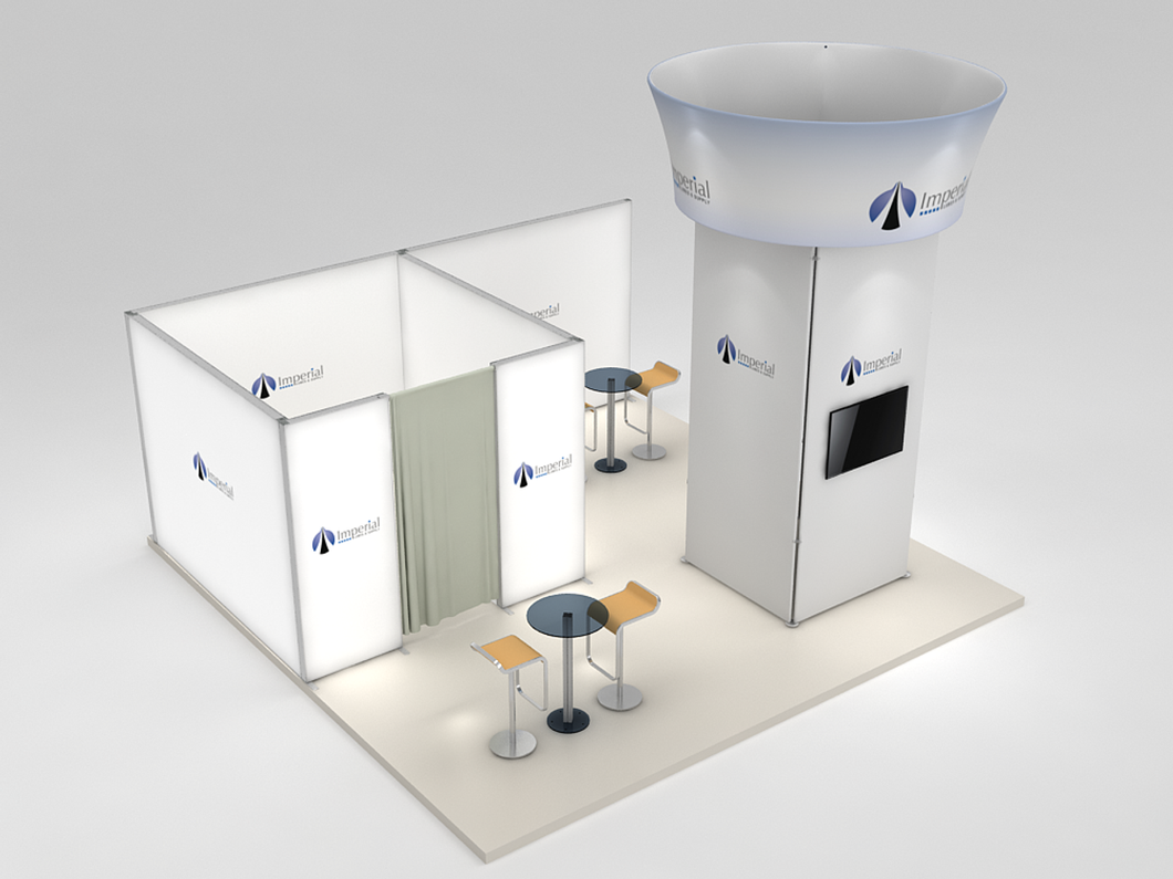Featured Deal - 20 X 20 Modular Island Booth with lightbox meeting room and Rotating Blimp Centerpiece!