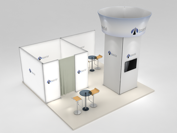 Eye Catching 20 x 20 open-box modular island booth With LightBox Meeting Room