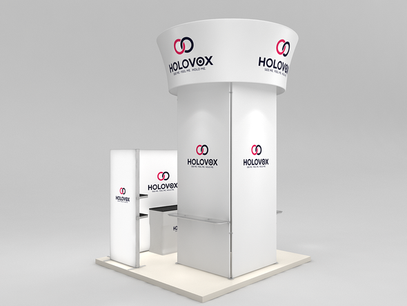 Huge Savings on an Open Box, Never-Used 10 X 10 Custom Trade Show Booth with 15.5' High Rotating Blimp Tower, LED Lightboxes and Display Shelves