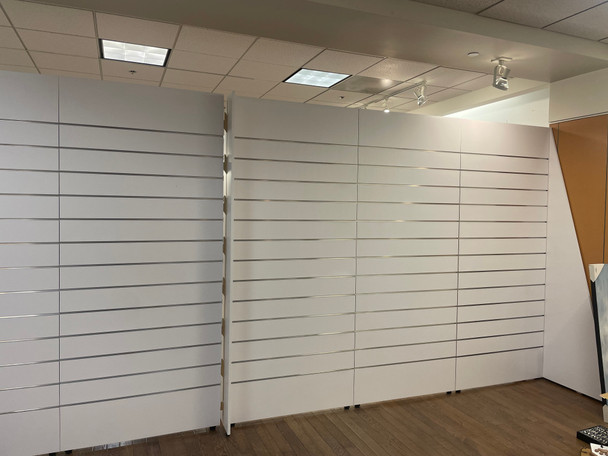 Freestanding slat wall system- portable, versatile, and fire-rated!