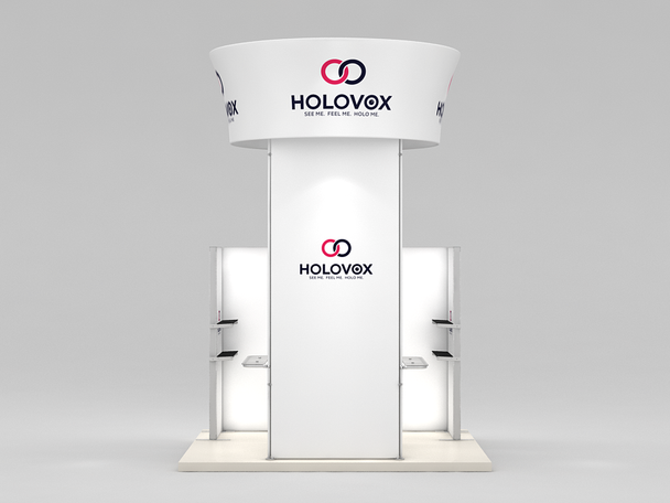 Huge Savings on an Open Box, Never-Used 10 X 10 Custom Trade Show Booth with 15.5' High Rotating Blimp Tower, LED Lightboxes and Display Shelves