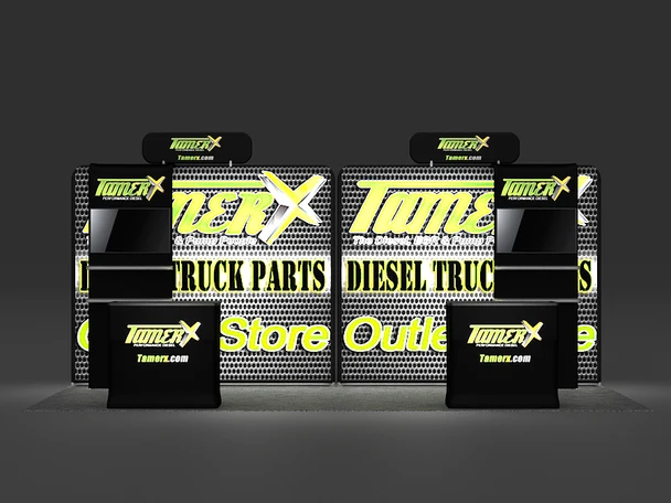 Huge Savings – Open Box, Never-Used 10' x 20' Custom Backlit Trade Show Booth with Lightboxes, Waterfall Merchandisers & Counters