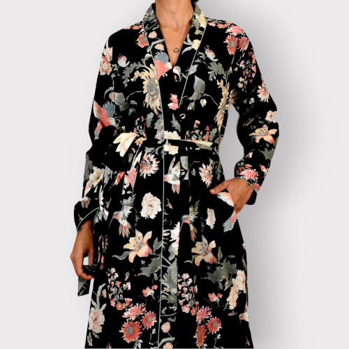 Cotton Devi Robe, Black Humming Bird