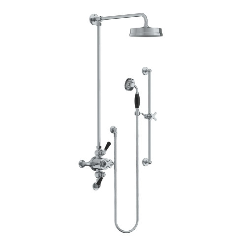 Lefroy Brooks Mackintosh dual control thermostatic valve with Classic black levers, riser, 8" rose & hand shower on sliding rail Lefroy Brooks Mackintosh dual control thermostatic valve with Classic black levers, riser, 8" rose & hand shower on sliding rail