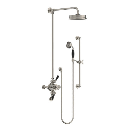 Lefroy Brooks Mackintosh dual control thermostatic valve with Classic black levers, riser, 8" rose & hand shower on sliding rail Lefroy Brooks Mackintosh dual control thermostatic valve with Classic black levers, riser, 8" rose & hand shower on sliding rail