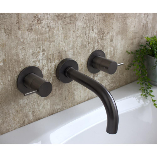 Linea 3 hole wall mounted bath mixer with 170mm bath spout - Satin Gunmetal