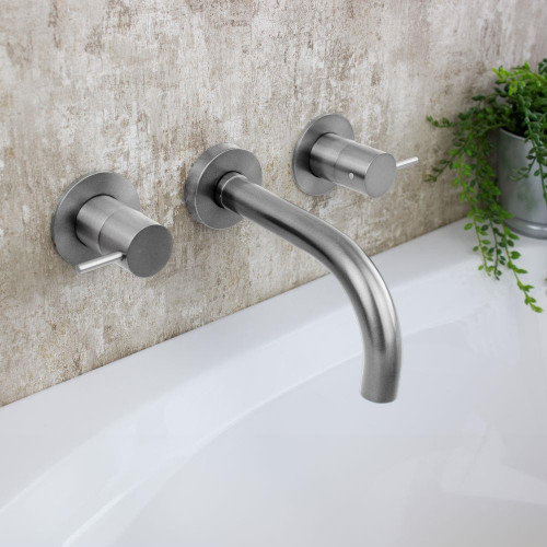 Linea 3 hole wall mounted bath mixer with 170mm bath spout - Satin Steel