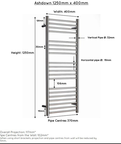 JIS Ashdown 1250x400mm heated towel rail