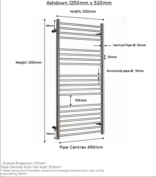 JIS Ashdown 1250x520mm heated towel rail
