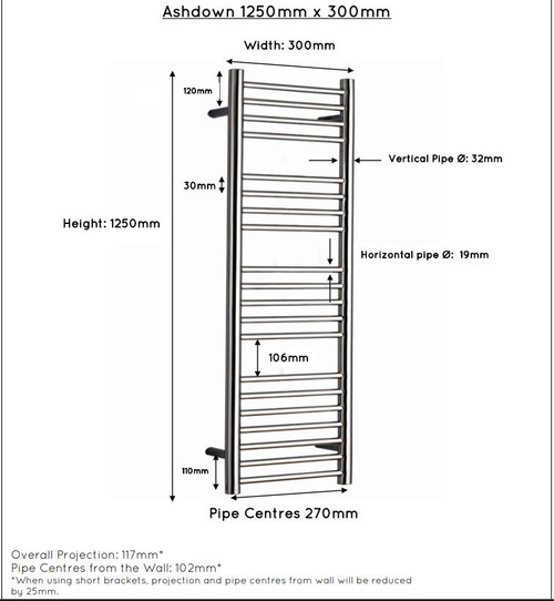 JIS Electric only Ashdown 1250x300mm heated towel rail - Standard Element