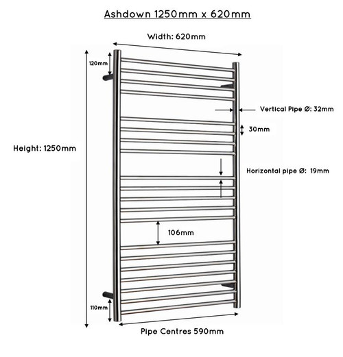 JIS Electric only Ashdown 1250x620mm heated towel rail - Standard Element