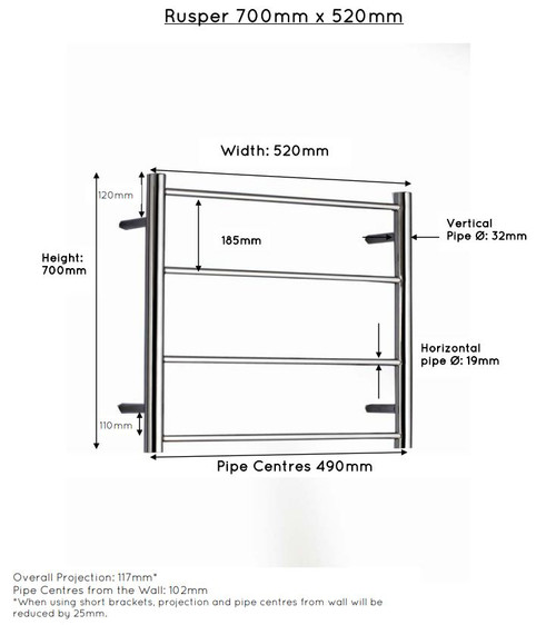 JIS Electric only Rusper 700x520mm heated towel rail - Standard Element