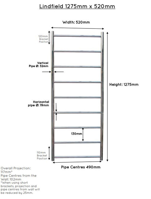 JIS Electric only Lindfield 1275x520mm heated towel rail - Standard Element